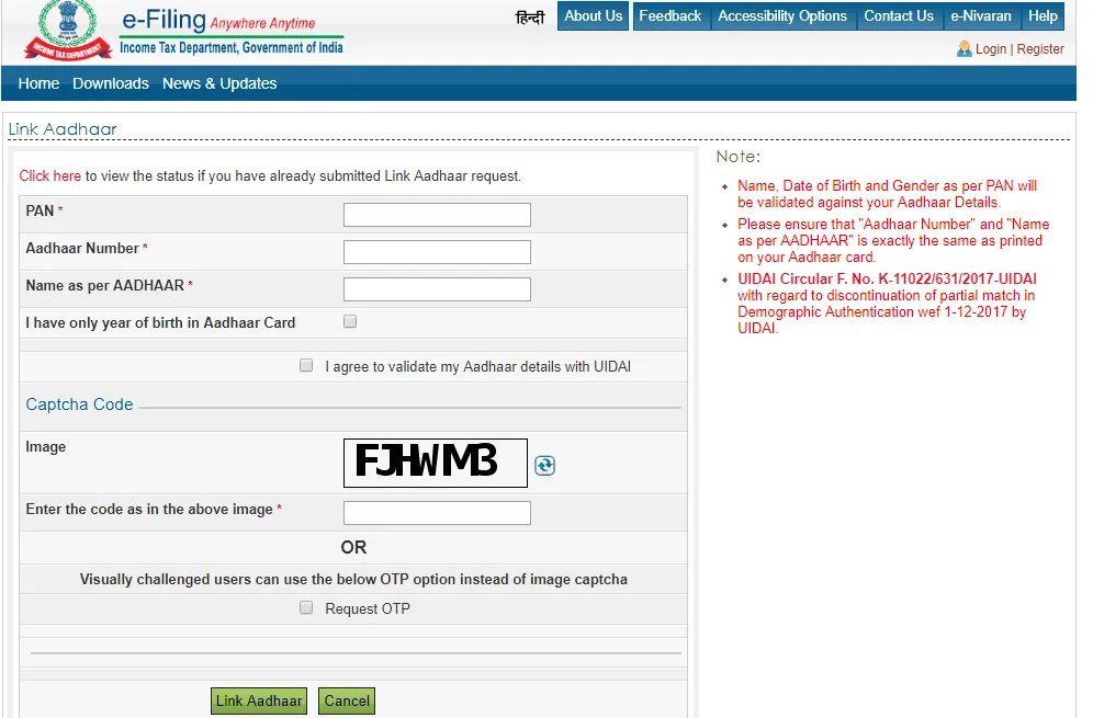 aadhar pan card link online apply