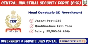 CISF HC Sports Quota Recruitment 2023